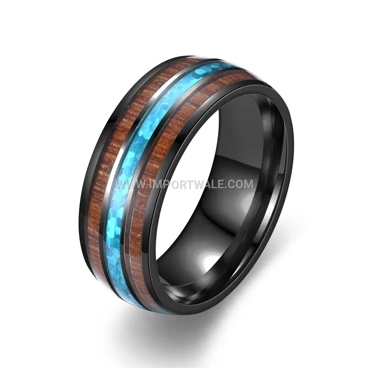 Light Blue Wood Grain Stainless Steel Band Ring