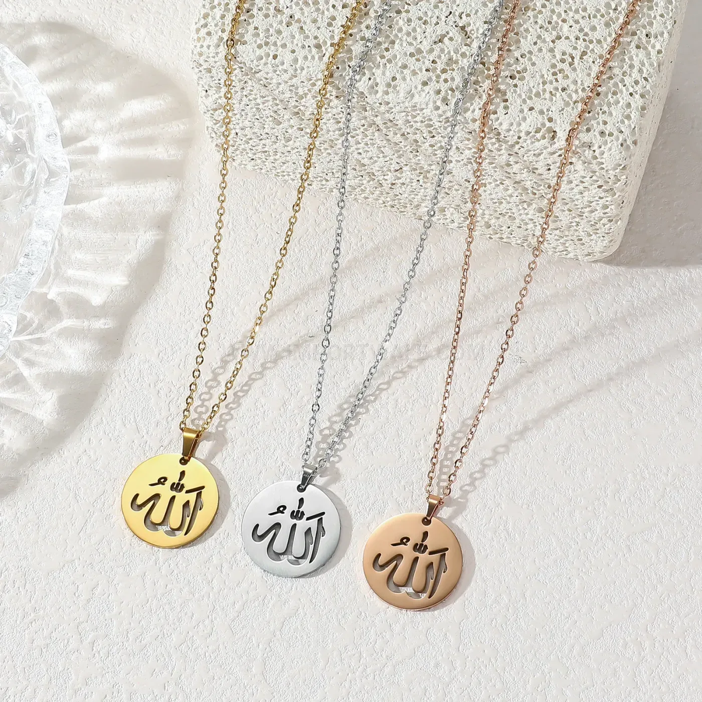 Modern Round Stainless Steel Calligraphy Medallion Pendant Necklace