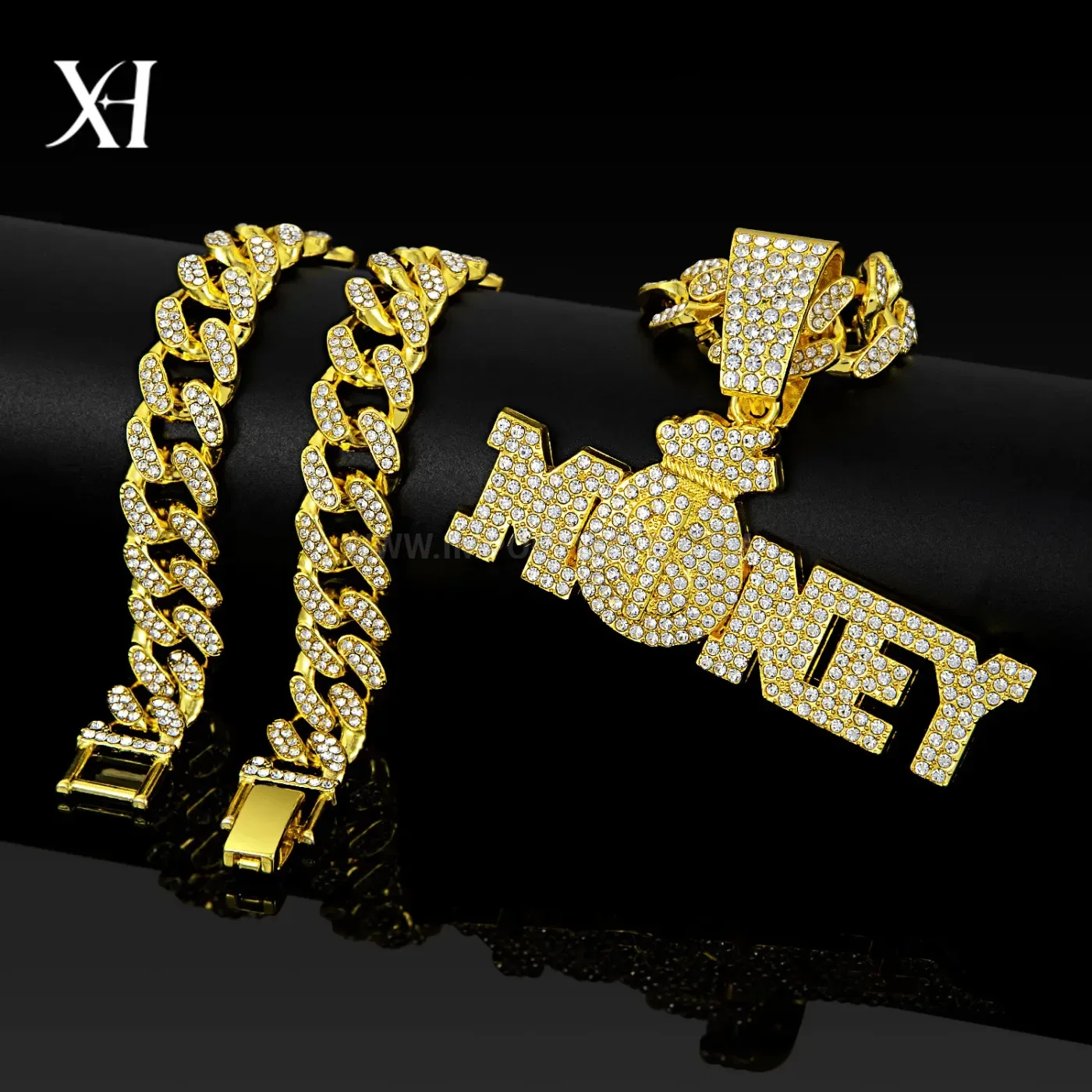 Modern Iced Out Money Bag Pendant Zinc Alloy Cuban Necklace