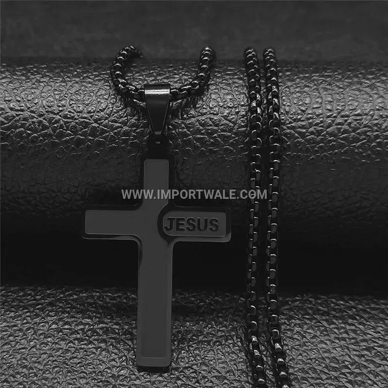 Titanium Steel Jesus Religious Cross Pendant Link Chain Necklace