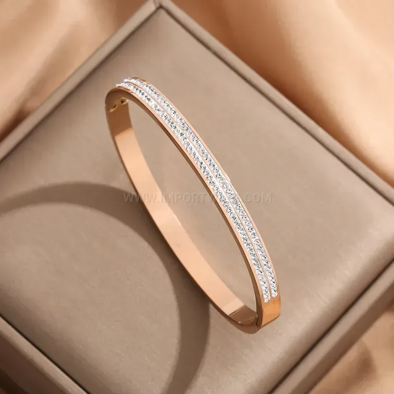 Double Row Rhinestone Plated Titanium Steel Bangle Bracelet