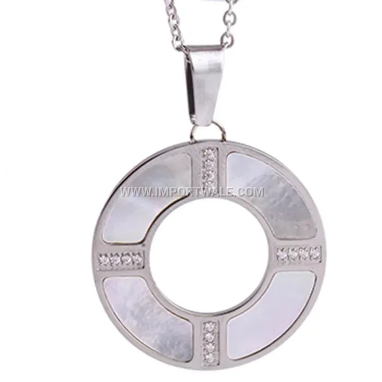 Layered Stainless Steel Shell Ring Pendant Necklace with Rhinestones