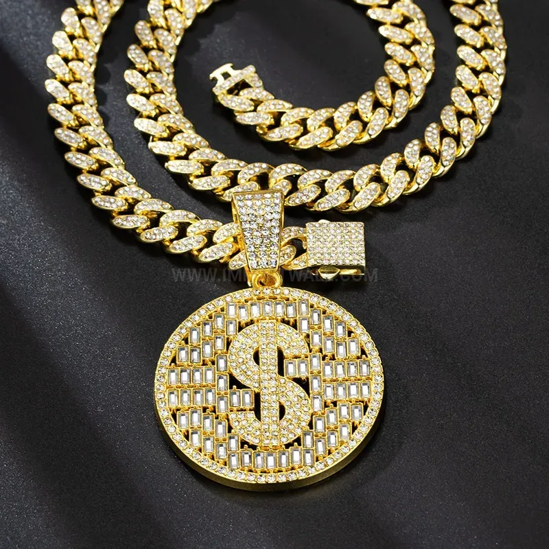 Dollar Sign Coin Medallion Pendant Chunky Cuban Chain Necklace