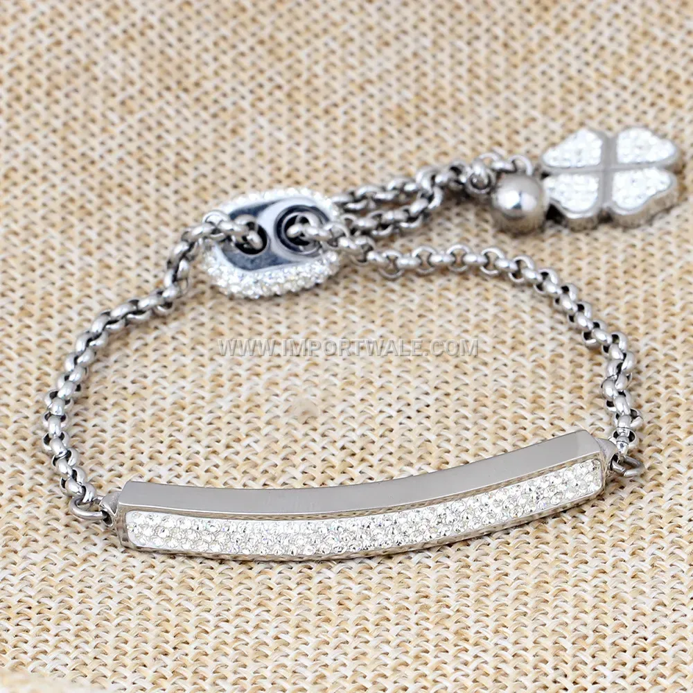 Three Row Rhinestone Heart Stainless Steel Bangle