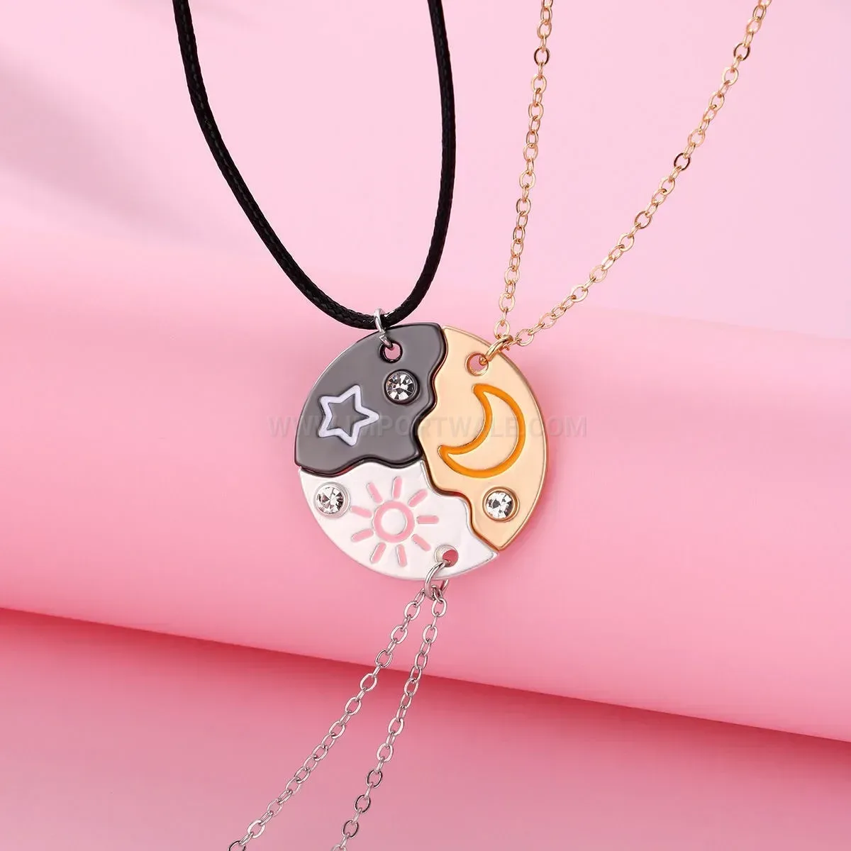 Stainless Steel Celestial Sun Moon Trio Friendship Pendant Necklace Set
