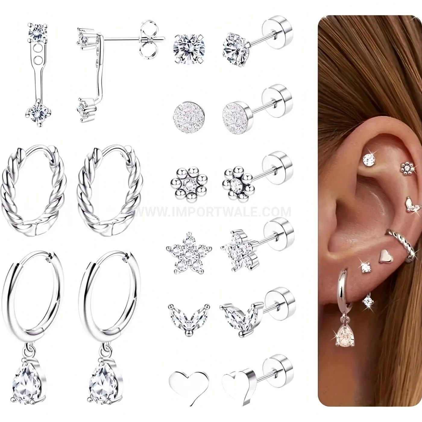 Chic Rhinestone Heart Flower and Teardrop Stainless Steel Piercing Earring Set