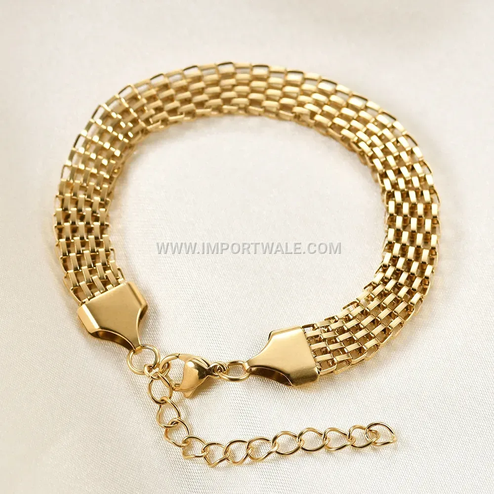 Wide Braided Twist Chain Stainless Steel Bracelet with 18K Gold Finish