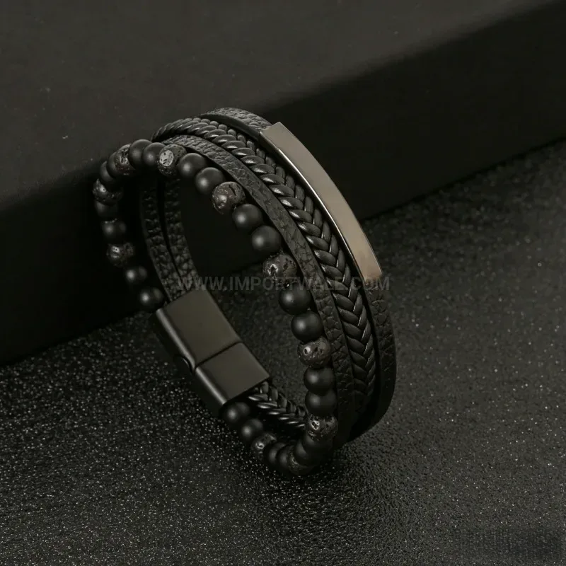 Fashion Multi Layer Braided Leather Gemstone Beaded Bracelet
