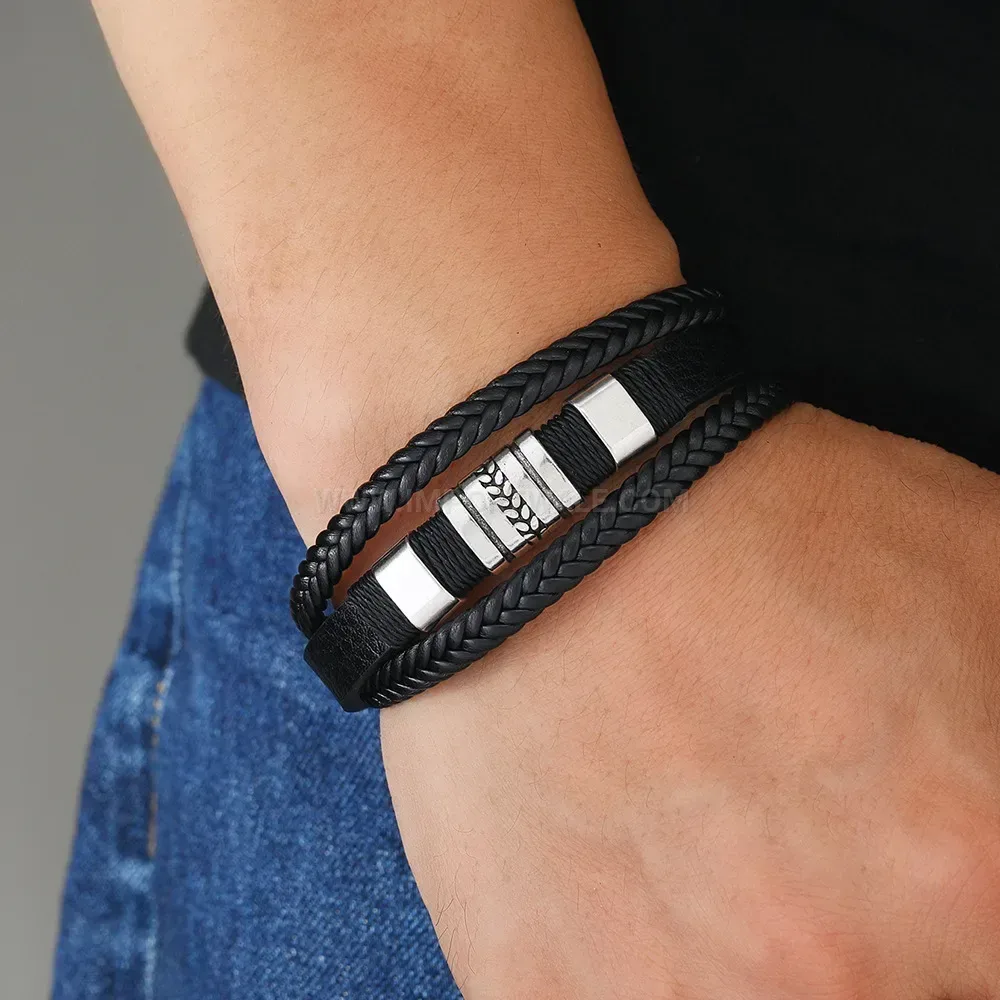 Designer Triple-Ring Engraved Leather Bracelet With Magnetic Closure