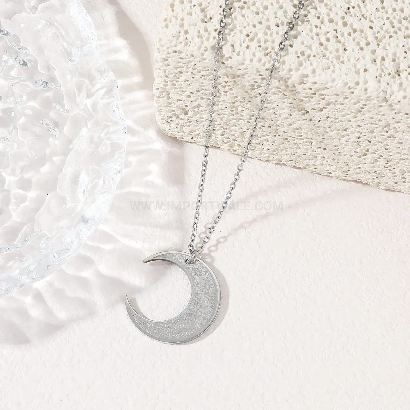 Classic Stainless Steel Crescent Quran Inscription Pendant Necklace