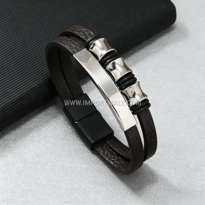 Double Layer Leather Bracelet with Steel Ring Accent
