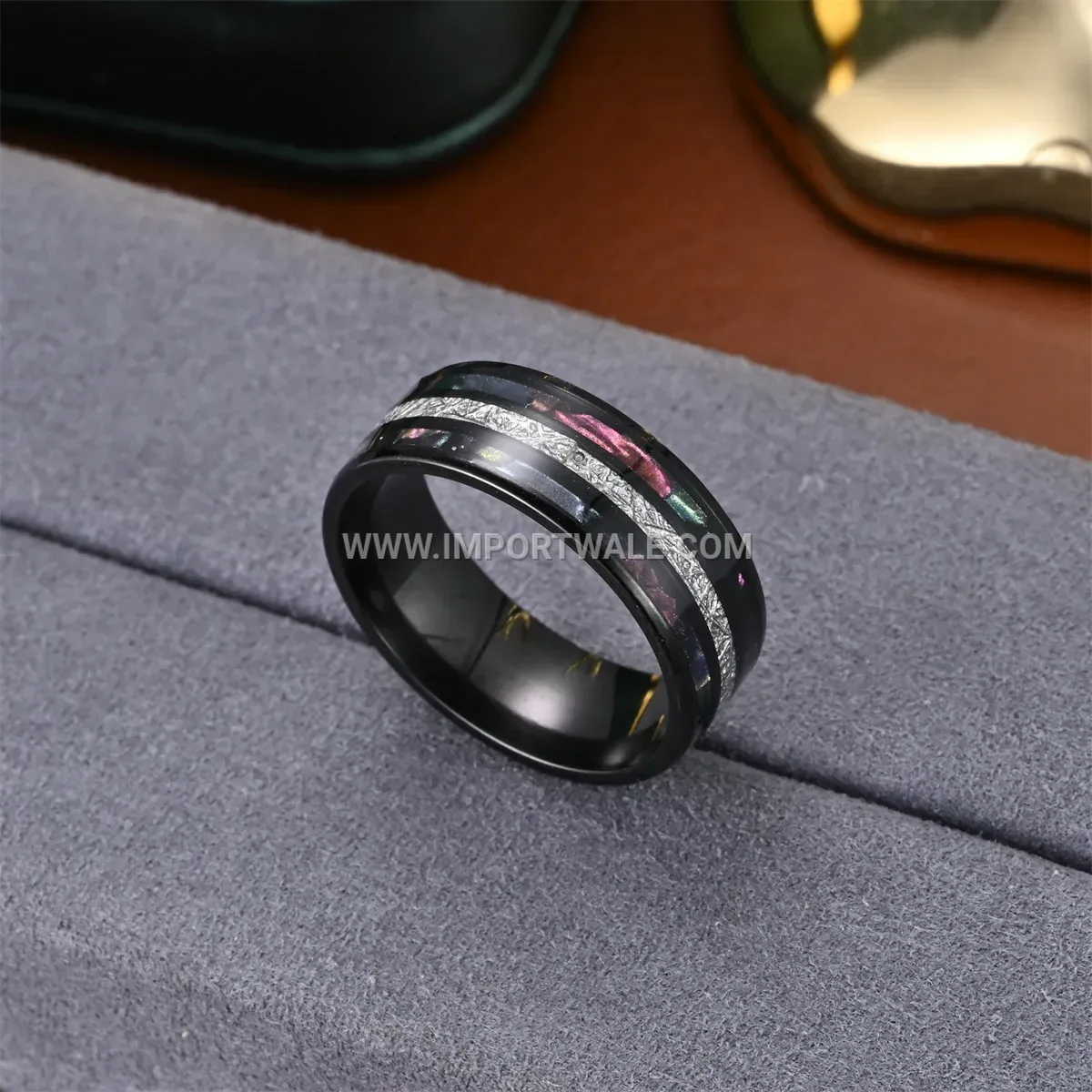 Black Silk Inlay Double Shell Stainless Steel Ring
