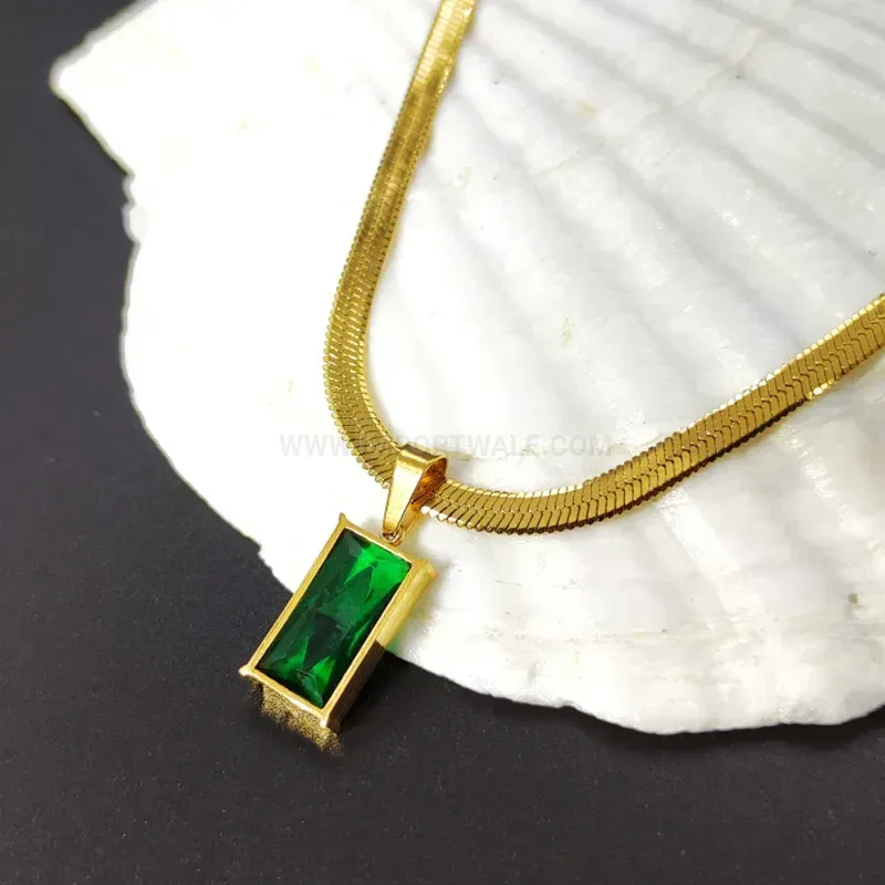 Premium Titanium Steel Emerald Zircon Pendant Snake Chain Necklace
