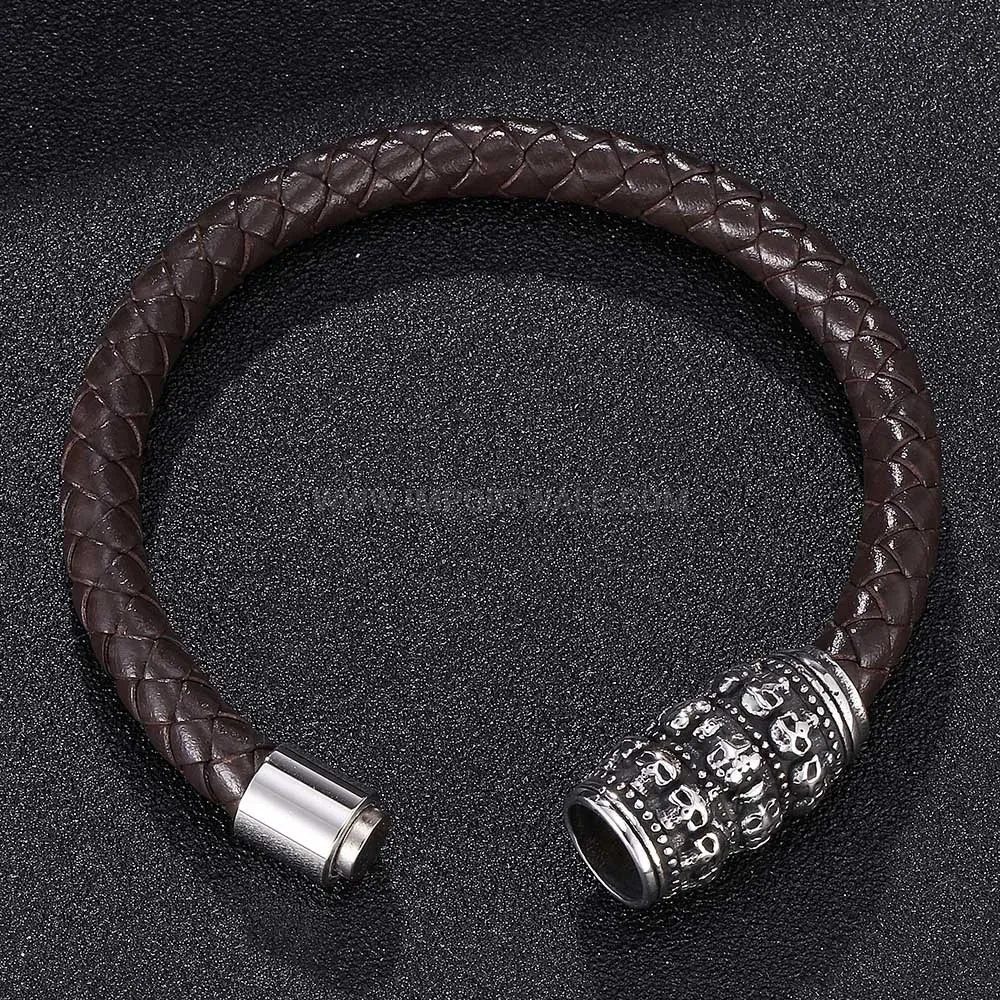 Classic Woven Leather Skull Bracelet with Stainless Steel Magnetic Clasp
