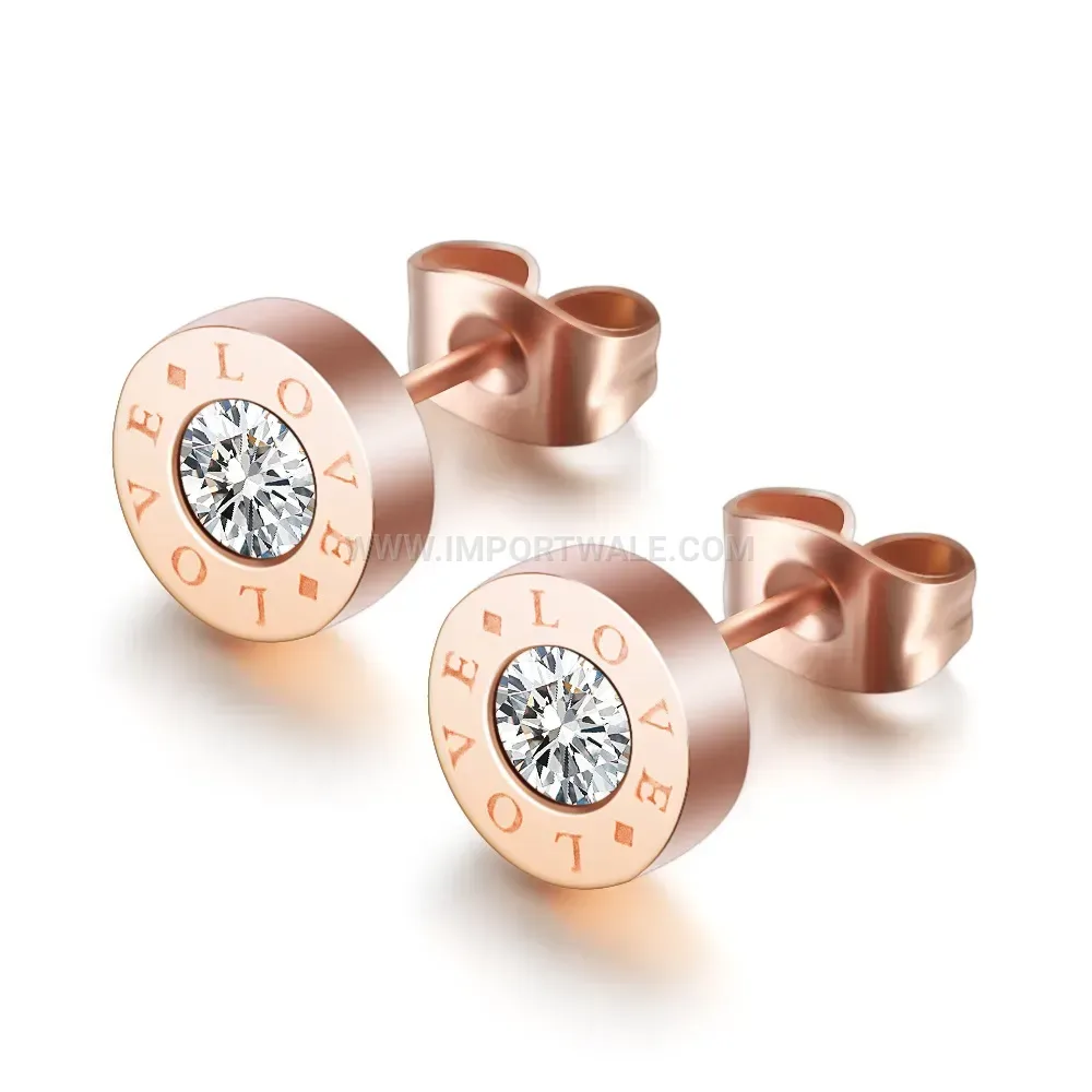 Engraved Love Round Stainless Steel Stud Earrings