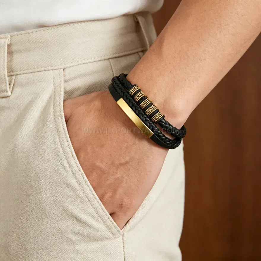 Modern Multi Layer Braided Leather Men's Bracelet with Magnetic Clasp
