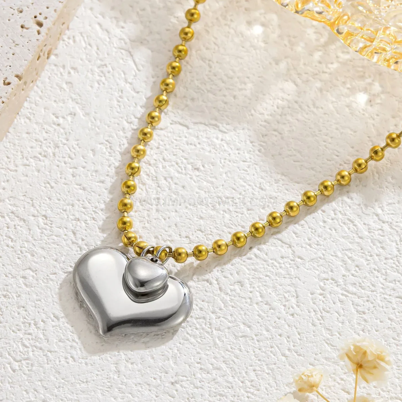Two-Tone 18k Gold Plated Heart Pendant Stainless Steel Necklace