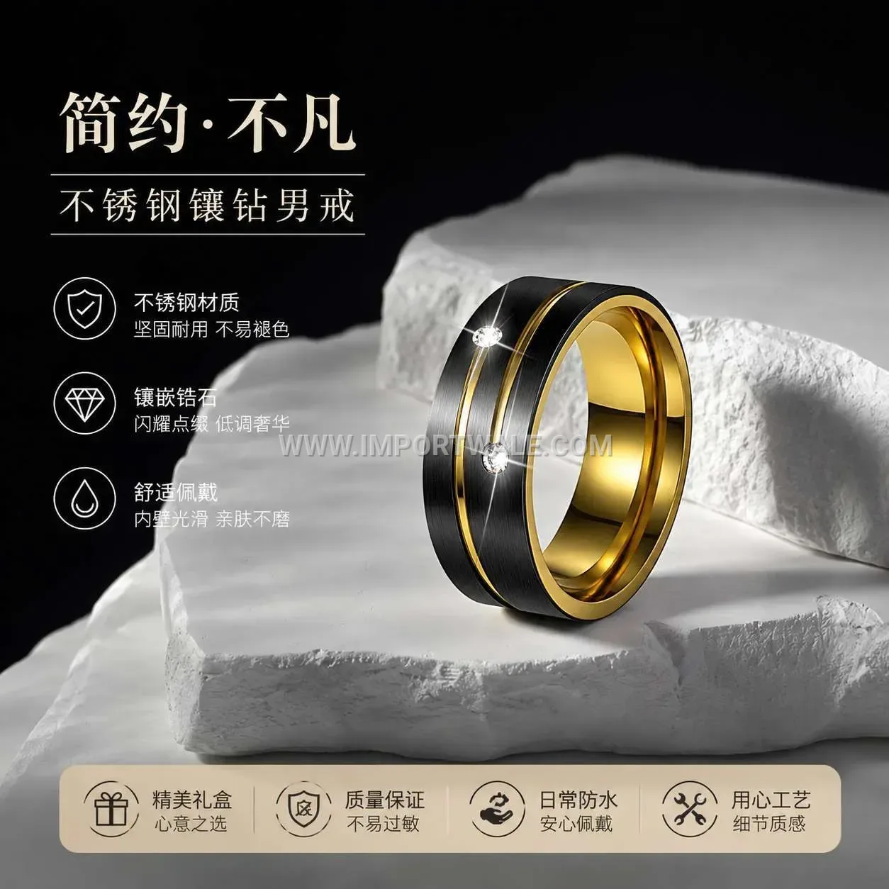 Two Tone Rhinestone Titanium Steel Orbit Band Ring