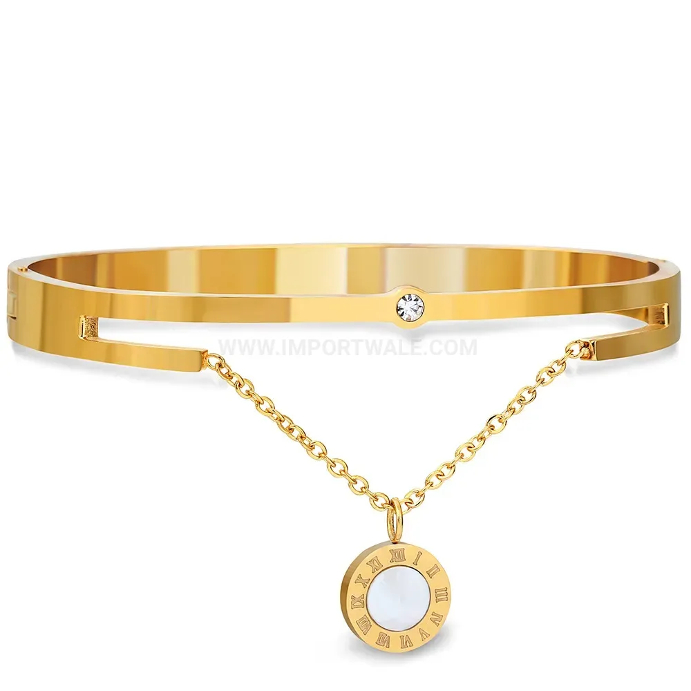 Trendy Roman Numeral Shell Inlaid Stainless Steel Bangle Bracelet