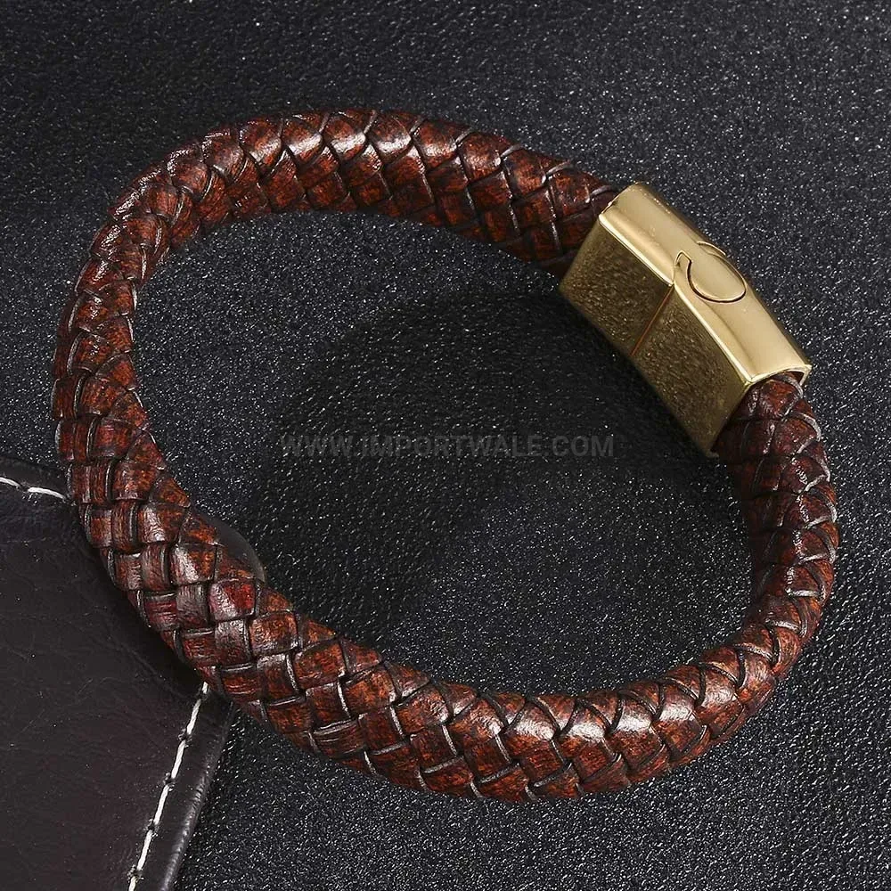 Sleek Brown Braided Leather Bracelet with Gold Accent Stainless Clasp