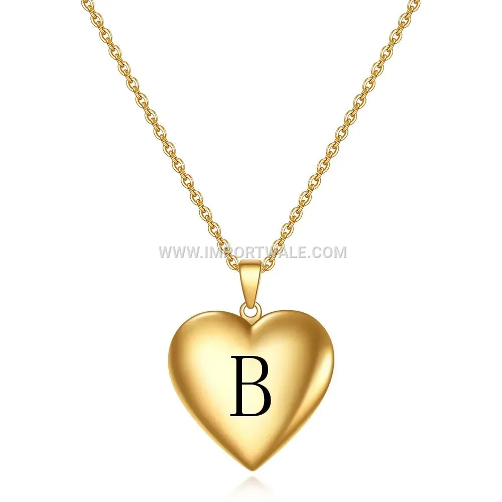 Engraved Initial Heart Locket Photo Pendant Stainless Steel Necklace