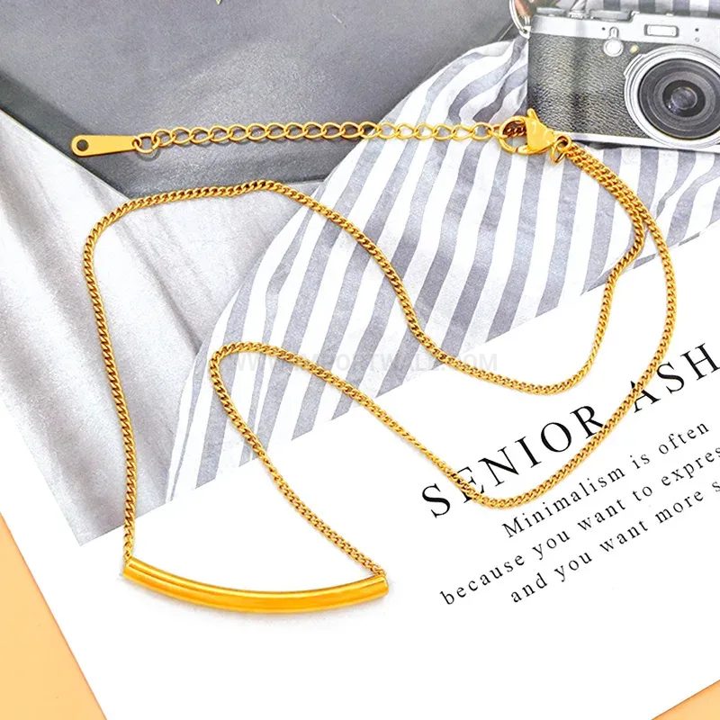 Curved Square Bar Geometric Titanium Steel Pendant Necklace