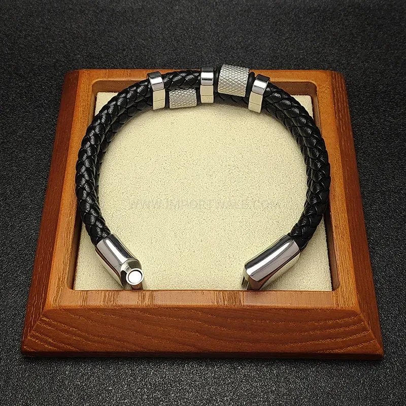 Classic Woven Leather and Stainless Steel Beaded Statement Men Bracelet