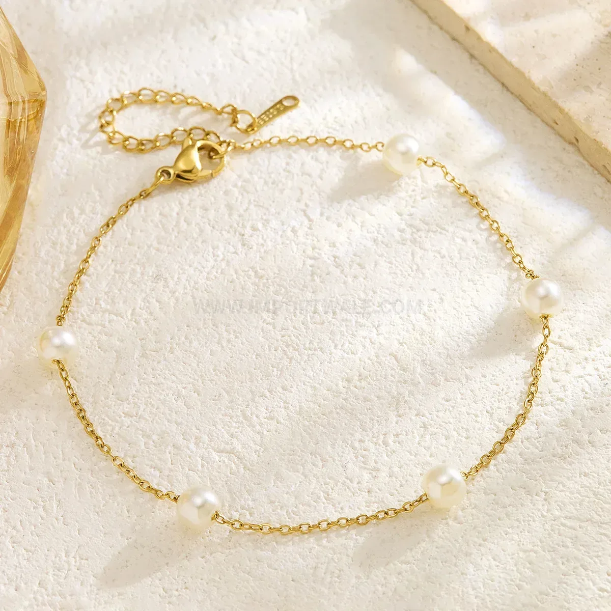 Gold Plated Stainless Steel Five Pearl Accent Bracelet