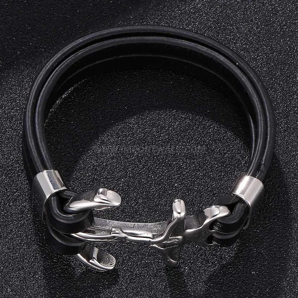 Bold Braided Leather Wristband with Vintage Stainless Steel Hook Charm