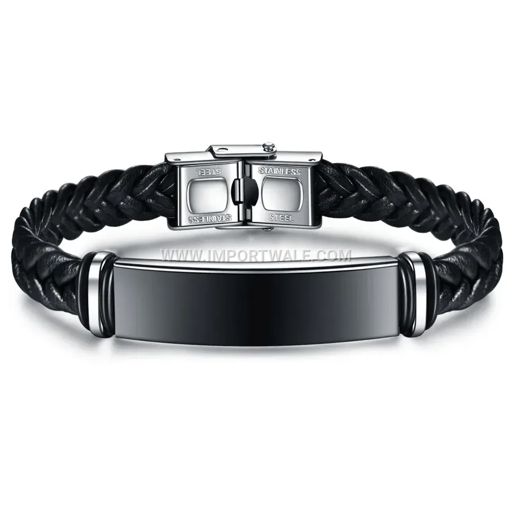 Braided Leather and Stainless Steel Bangle Bracelet