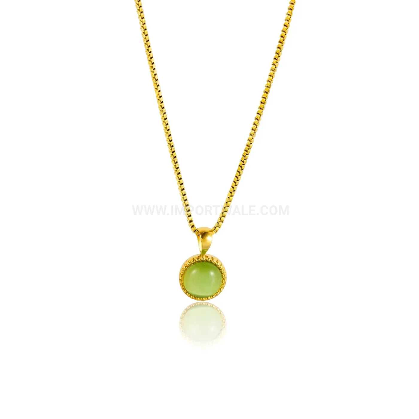 Natural Green Aventurine Gold Plated Stainless Steel Figaro Chain Pendant Necklace