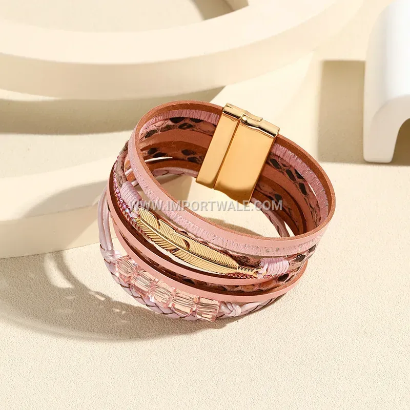 Bohemian Multi-Layer Wide Leather Feather Bracelet