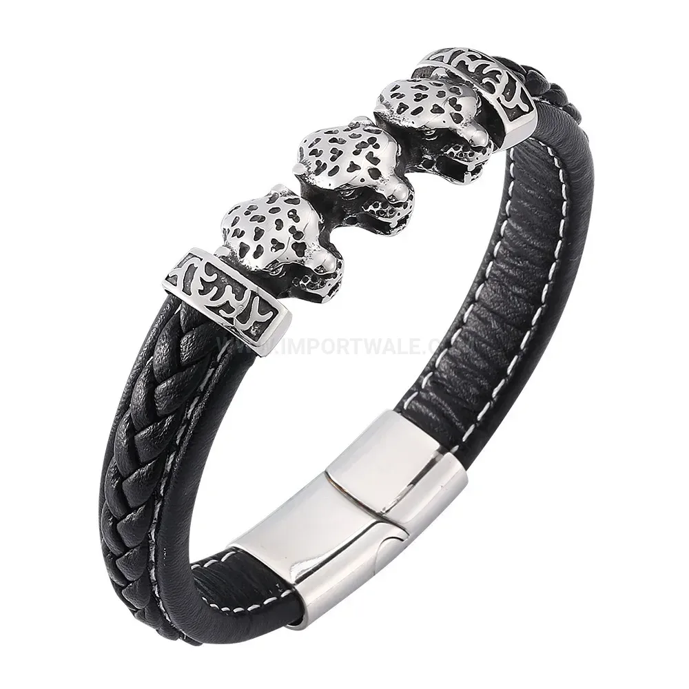 Classic Leopard Accent Leather Bracelet with Stainless Steel Magnetic Clasp