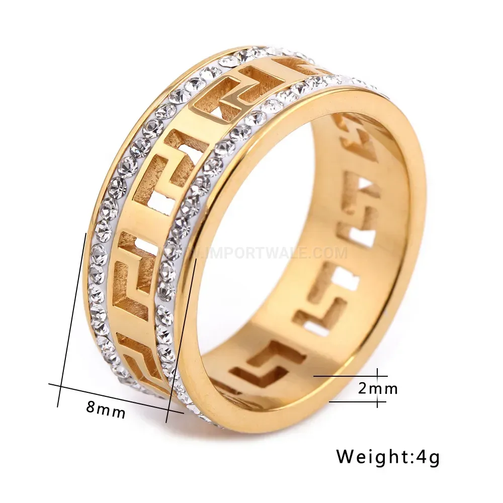 Double Row Cutout Pattern Gold Stainless Steel Rhinestone Ring