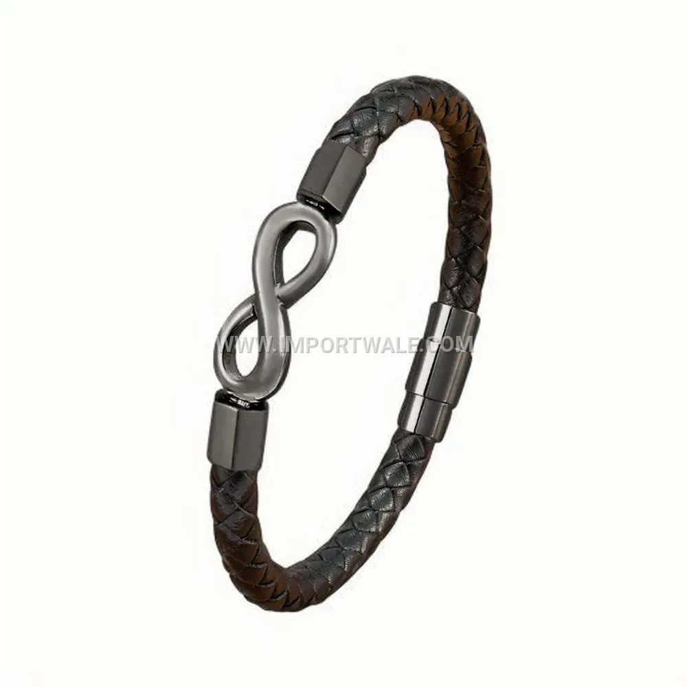 Infinity Motif Black Leather Cord Stainless Steel Bracelet for Men