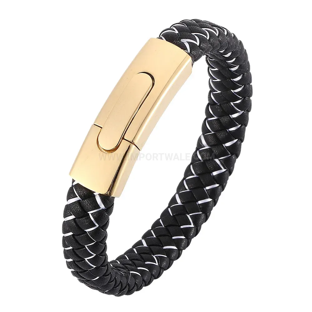 Braided Leather Wristband with Stainless Steel Snap Clasp