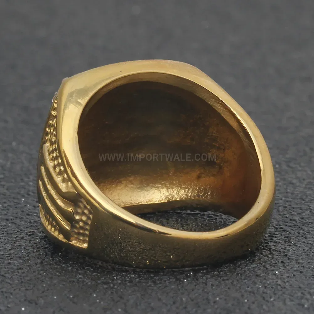 Designer Gold-Plated Stainless Steel Square Emblem Ring with Crystals
