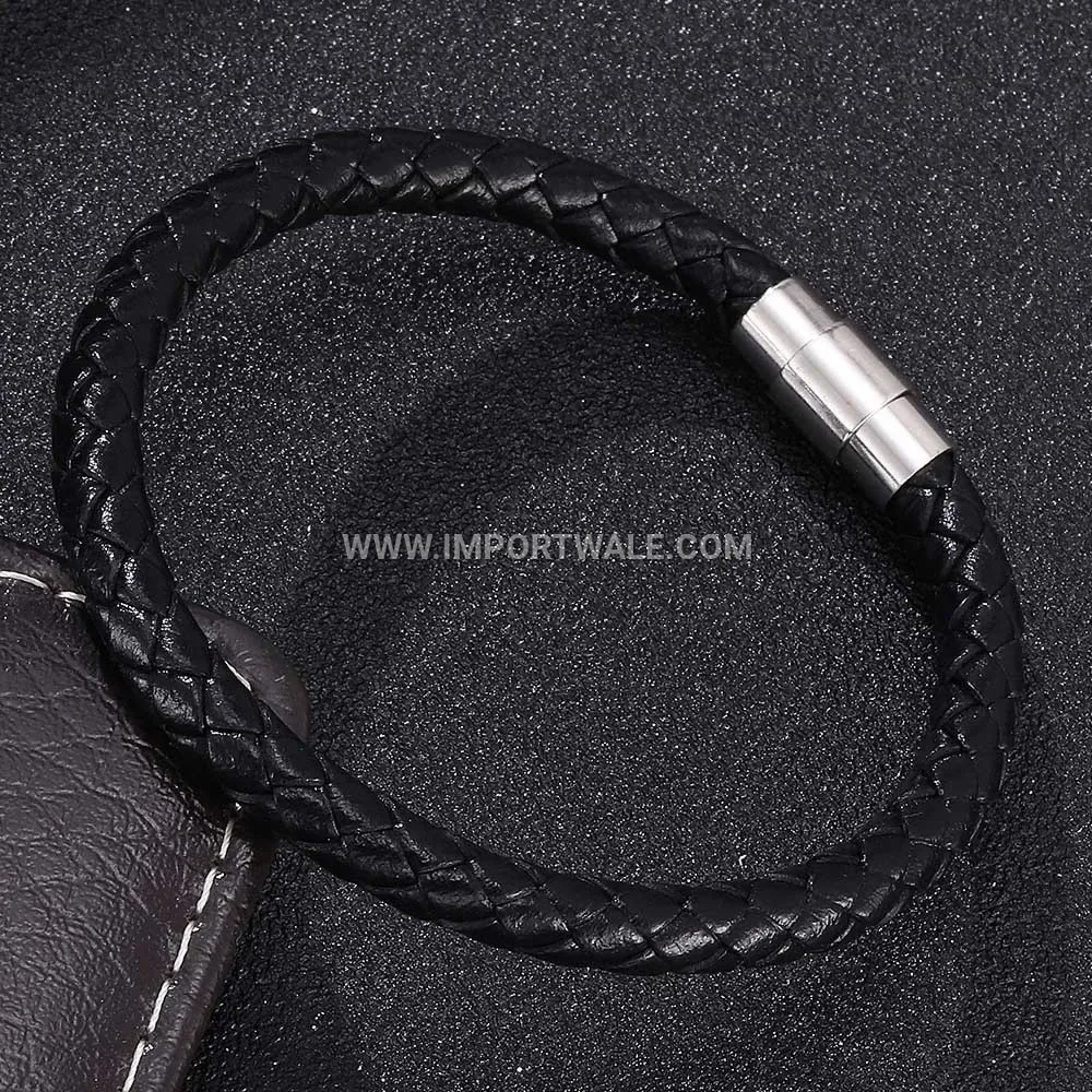 Braided Leather Cuff Bracelet with Metallic Magnetic Clasp