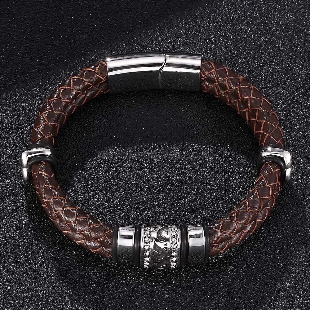 Bold Double-Strand Woven Brown Leather Bracelet with Stainless Steel Clasp