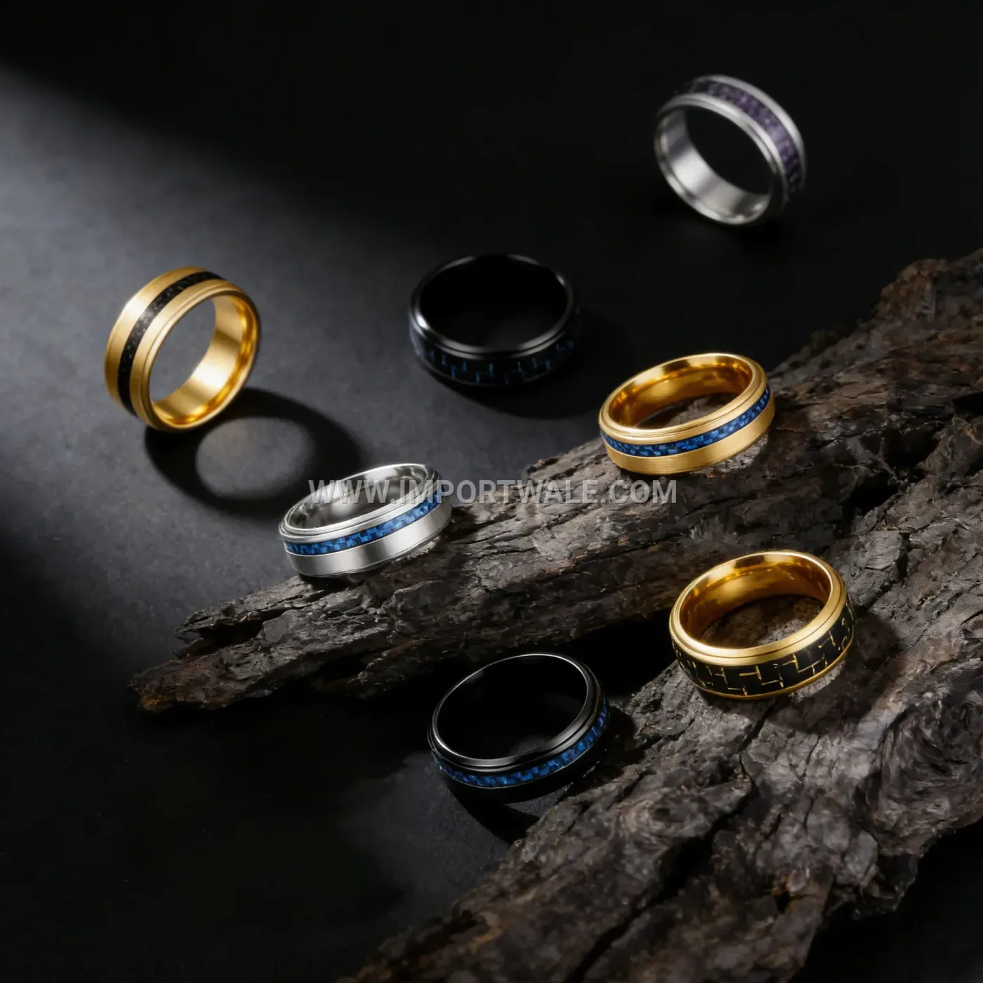 Brushed Rainbow Stainless Steel Faceted W Pattern Band Ring