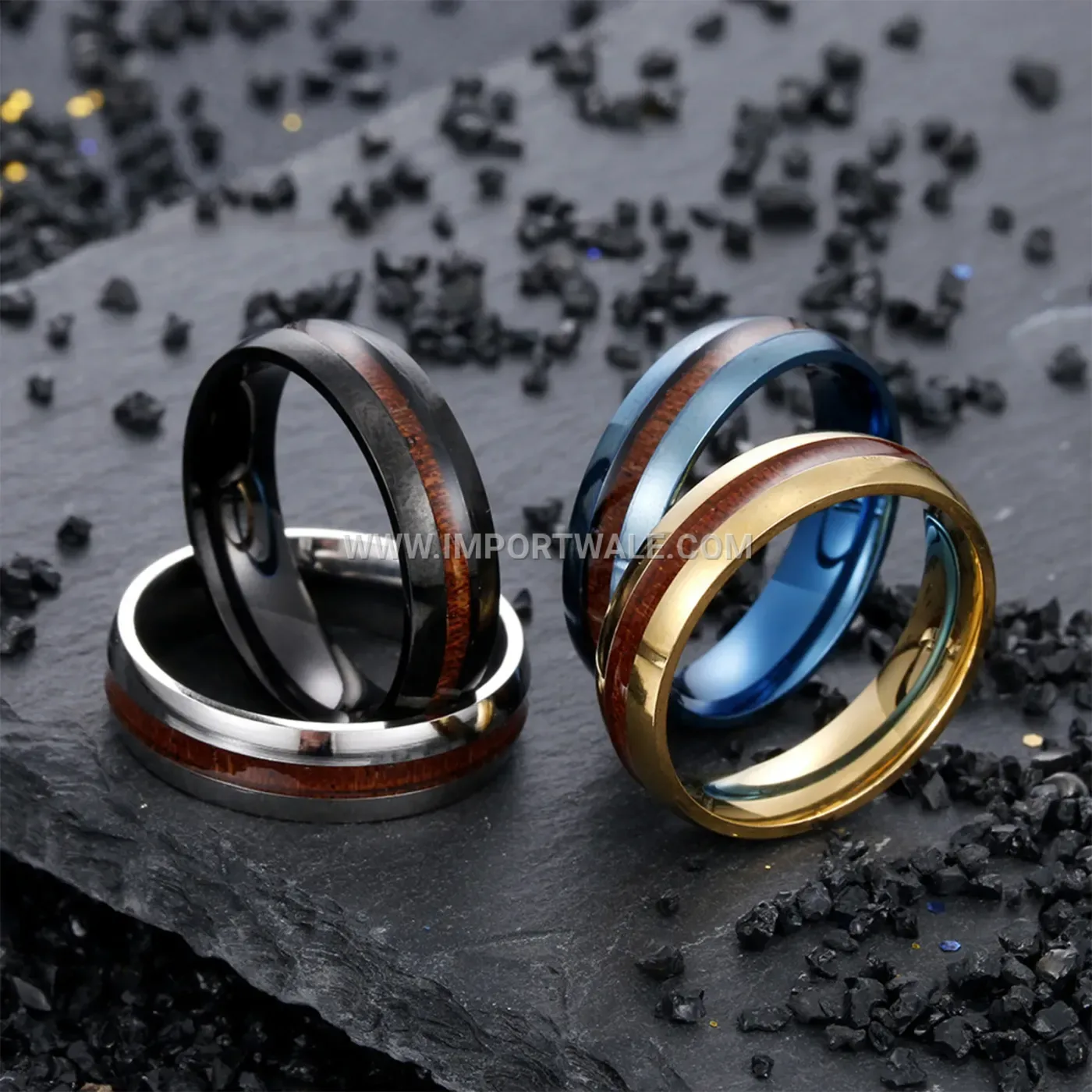 Stainless Steel Curved Wood Grain Inlay 6mm Ring