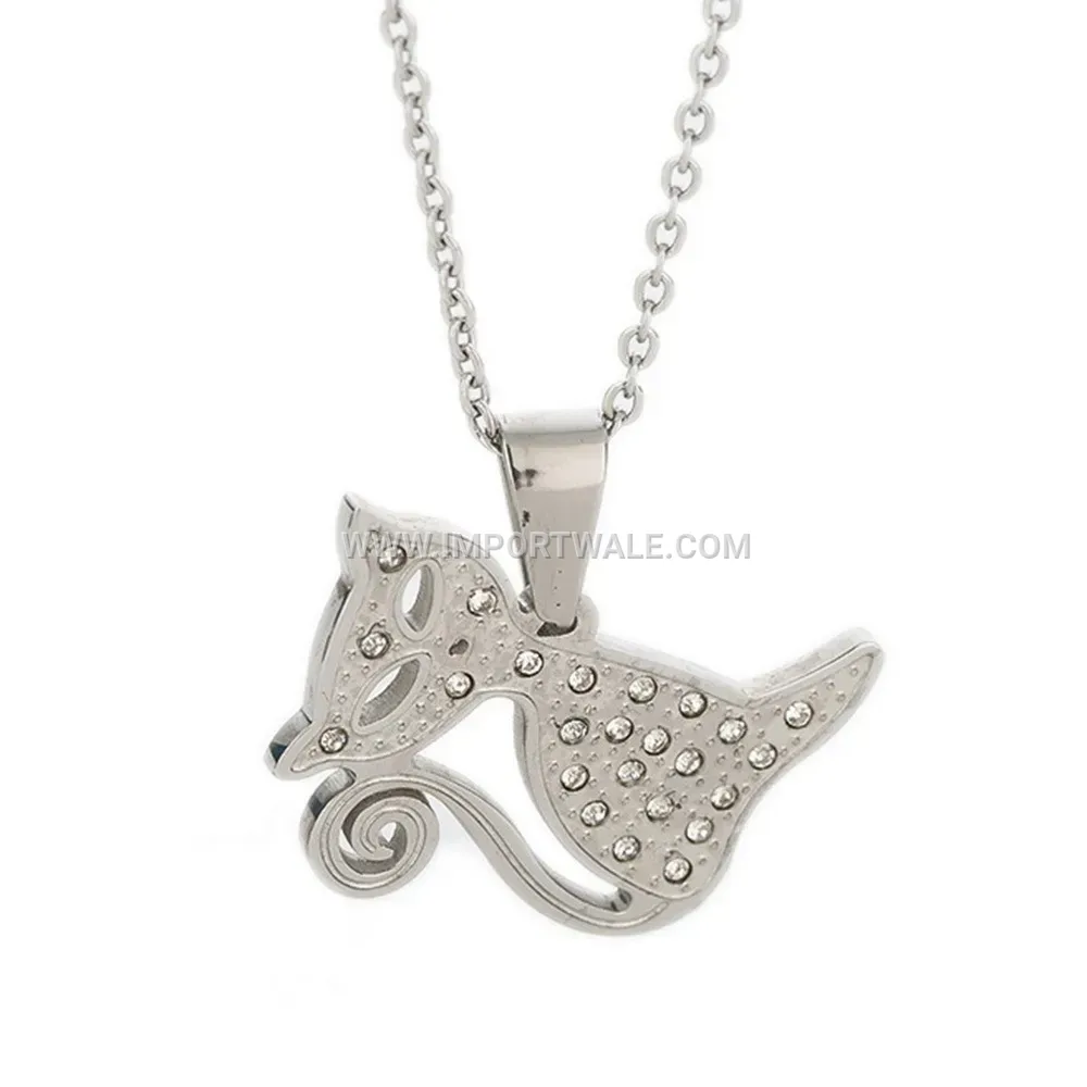 Playful Stainless Steel Rhinestone Cat Pendant Necklace