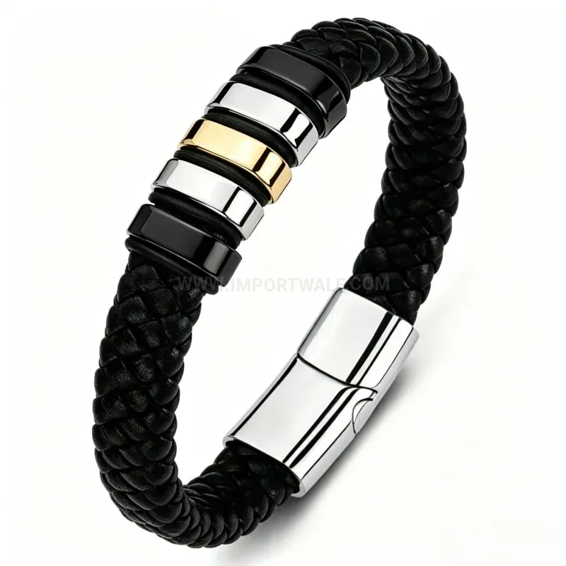 Modern Woven Leather Bracelet with Tri-Color Steel Bead Accents
