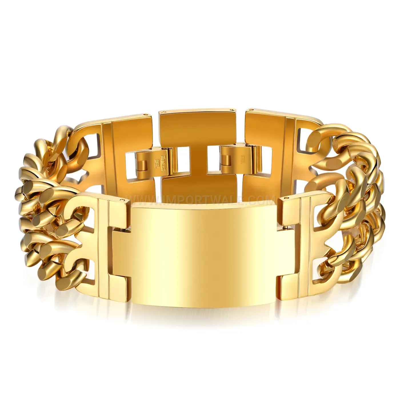 Elegant Double Row Stainless Steel Curved Plate Cross Chain Bracelet for Men