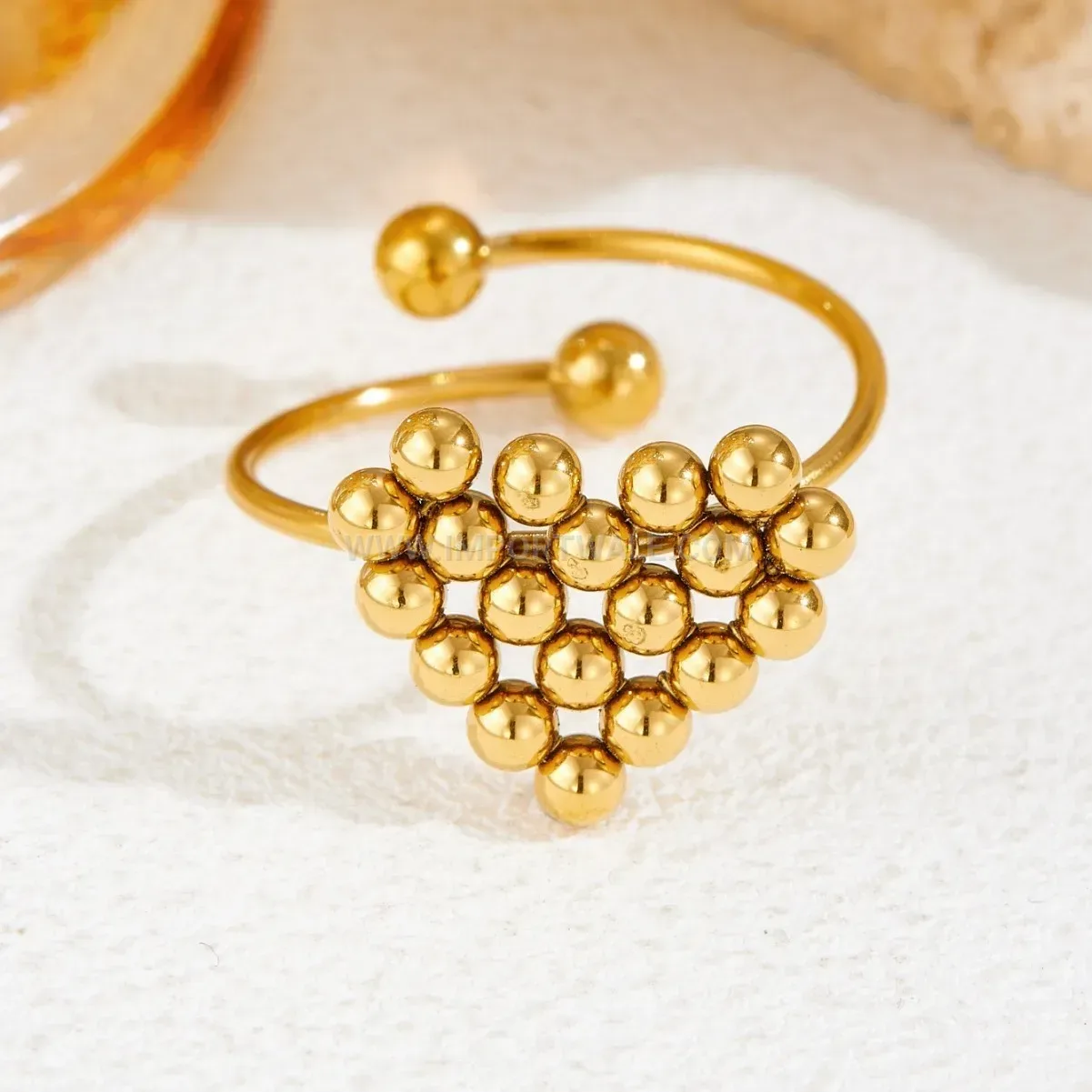 Gold Plated Stainless Steel Heart Bead Ring and Necklace Set
