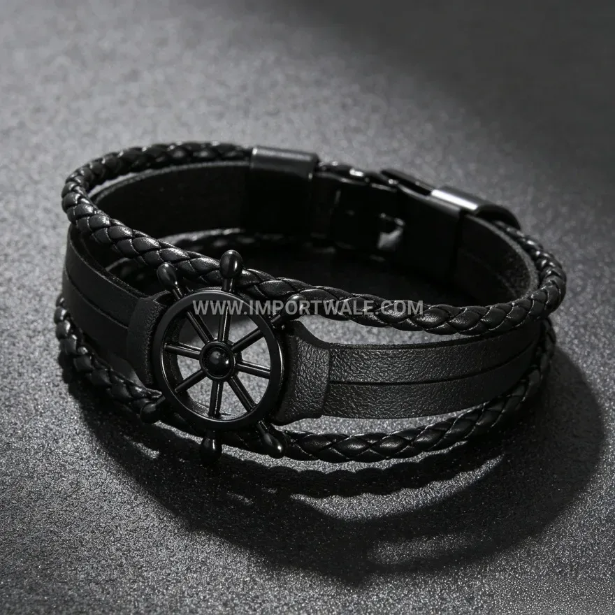 Nautical Rudder Charm Braided PU Leather Magnetic Wristband
