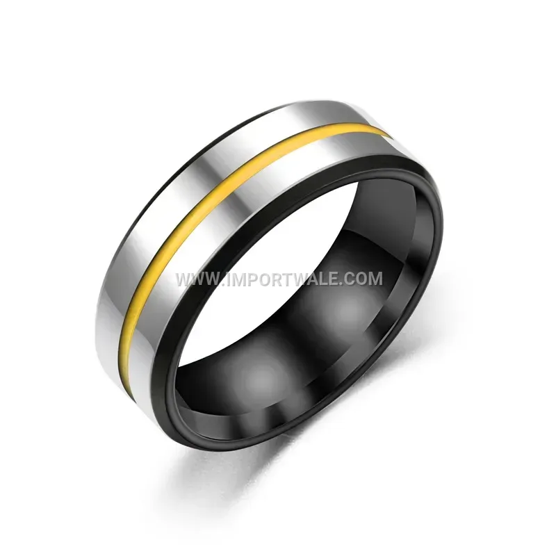 Stainless Steel Beveled Edge Band Ring with Enamel Line Detail