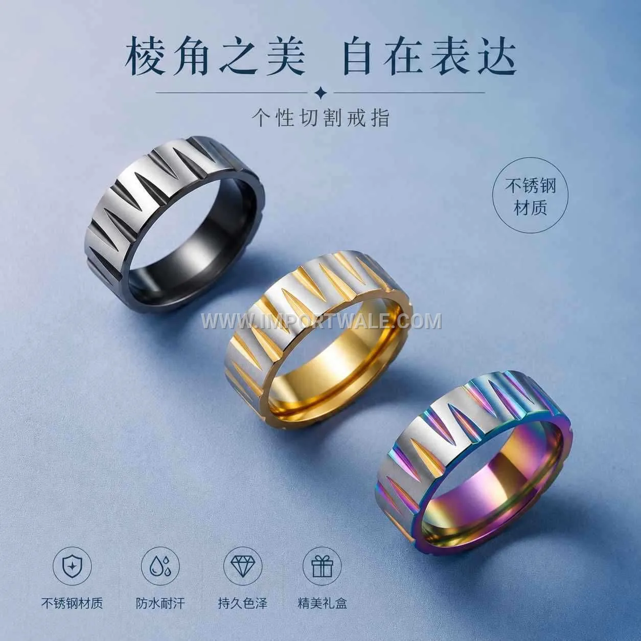 Brushed Rainbow Stainless Steel Faceted W Pattern Band Ring