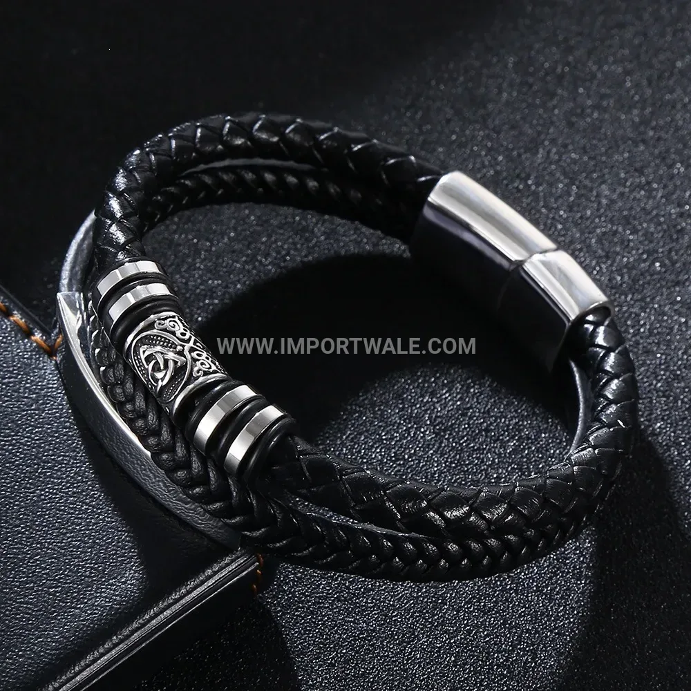 Braided Black Leather Men Bracelet with Stainless Steel