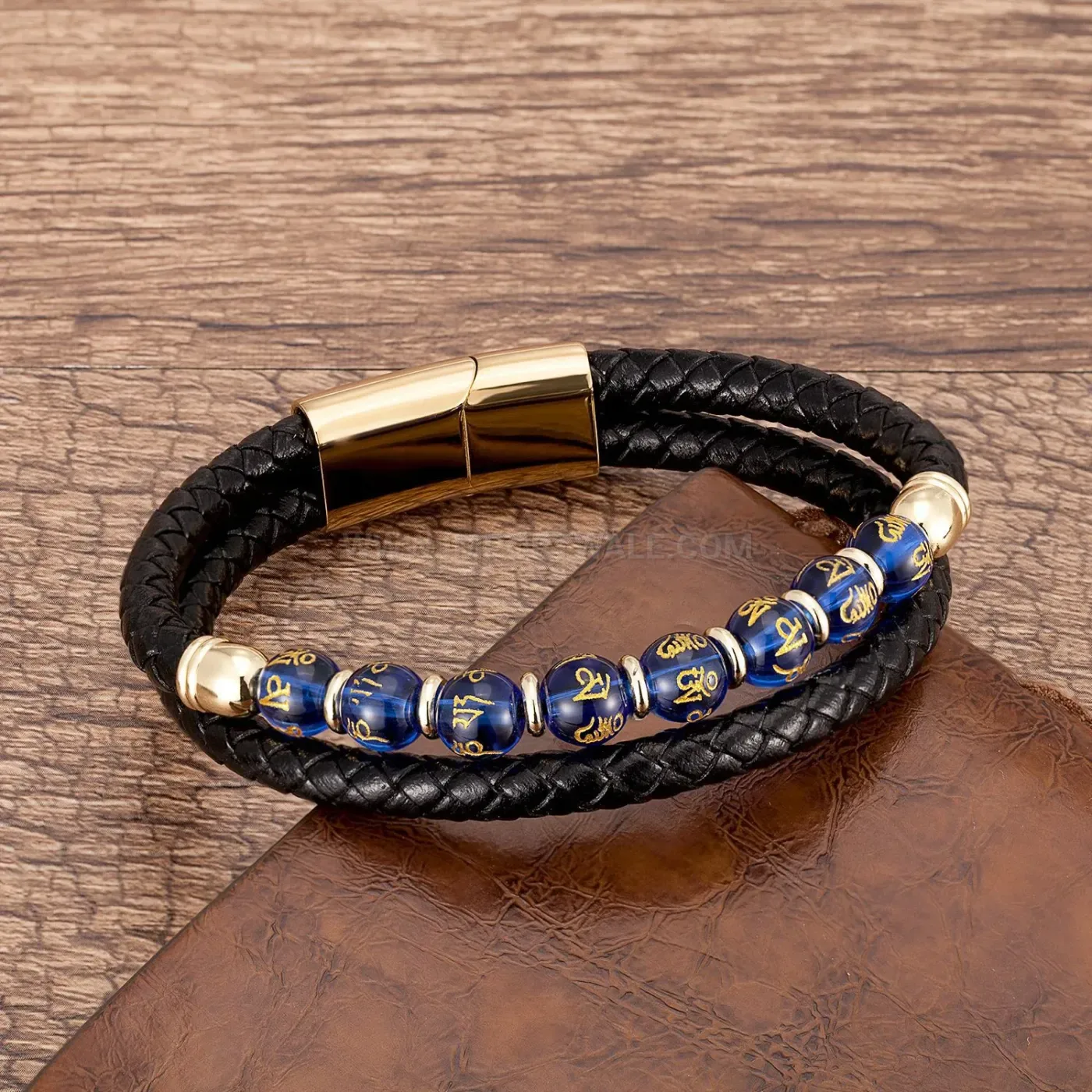 Braided Leather Stone Bead Bracelet with Stainless Steel Clasp